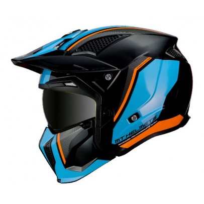 Casca MT Streetfighter SV Twin A4 negru/albastru/portocaliu fluor lucios (ochelari soare integrati) - masca (protectie) barbie si cozoroc detasabile