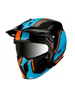 Casca MT Streetfighter SV Twin A4 negru/albastru/portocaliu fluor lucios (ochelari soare integrati) - masca (protectie) barbie si cozoroc detasabile