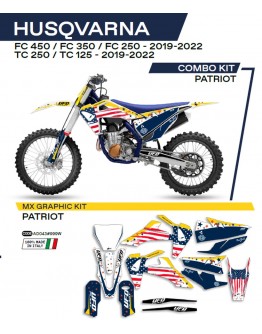 Kit grafic UFO HUSQVARNA TC 125/250 '19-'22; FC 250/350/450 '19-'22 PATRIOT culoare OEM (Alb/Albastru)