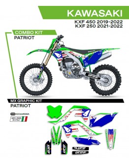 Kit grafic UFO KAWASAKI KXF 250 '21-'22; KXF 450 '19-'22 PATRIOT culoare OEM (Verde/Albastru)