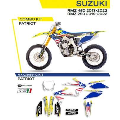 Kit grafic UFO SUZUKI RMZ 250 '19-'22; RMZ 450 '18-'22 PATRIOT culoare OEM (Galben/Albastru/Alb)