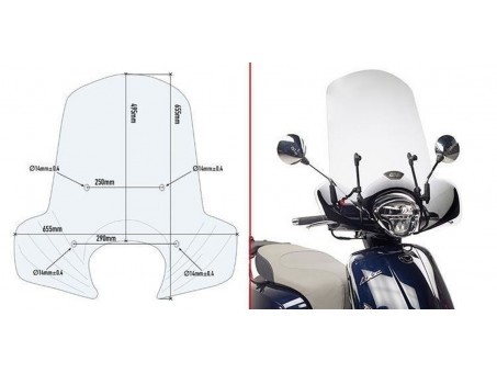 Parbriz moto KAPPA - KYMCO LIKE 125 (17-18) Transparent 49,5 x 65,5 cm - necesar Kit montaj A6109AK