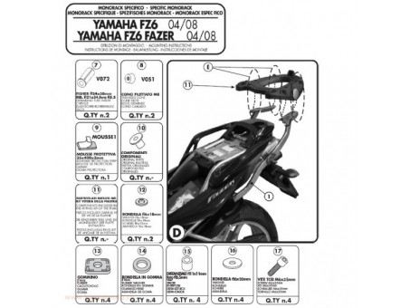 Suport pentru topcase KAPPA - YAMAHA FZ6 / FZS 600 FAZER (04-06), FZ6 S2 / FZ6 600 FAZER S2 (07-11) (placa nu este inclusa)