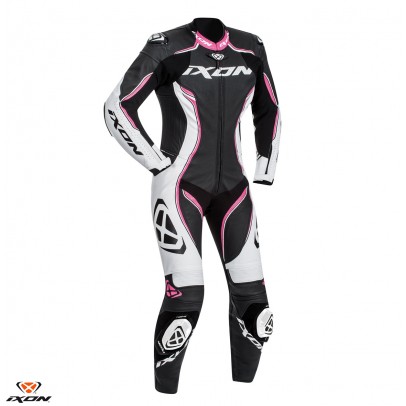 Costum (combinezon) motociclete femei piele Ixon vara model Vortex Lady LS: Negru/Alb/Fucshsia (roz)