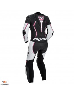 Costum (combinezon) motociclete femei piele Ixon vara model Vortex Lady LS: Negru/Alb/Fucshsia (roz)