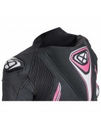 Costum (combinezon) motociclete femei piele Ixon vara model Vortex Lady LS: Negru/Alb/Fucshsia (roz)