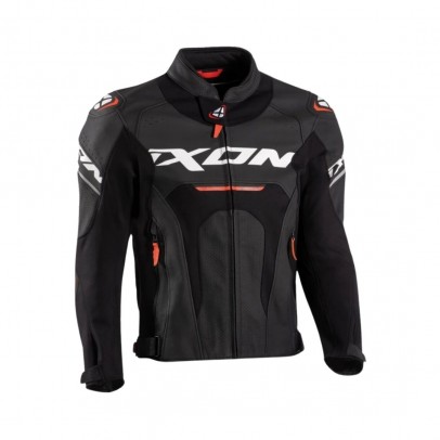 Geaca (jacheta) motociclete barbati piele Racing Ixon vara model Jackal JKT MS: Negru/Alb/Rosu