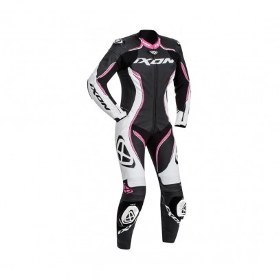 Costum (combinezon) motociclete femei piele Ixon vara model Vortex Lady LS: Negru/Alb/Fucshsia (roz)