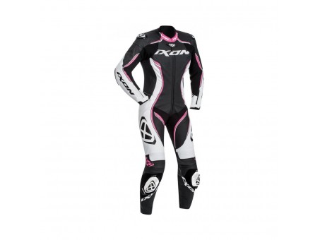 Costum (combinezon) motociclete femei piele Ixon vara model Vortex Lady LS: Negru/Alb/Fucshsia (roz)