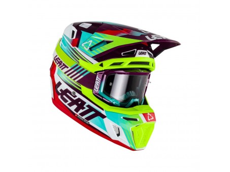 Set Casca cross-enduro LEATT MOTO 8.5 V23 + Ochelari protectie VELOCITY 5.5, KIT NEON - Albastru/Mov/Verde fluor