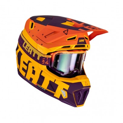 Set Casca cross-enduro LEATT MOTO 7.5 V23 + Ochelari protectie VELOCITY 4.5 IRIZ, KIT INDIGO - Portocaliu/Galben fluo/Mov