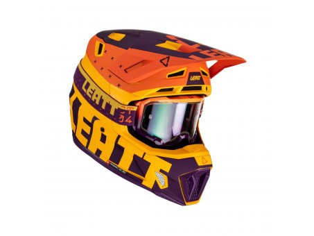 Set Casca cross-enduro LEATT MOTO 7.5 V23 + Ochelari protectie VELOCITY 4.5 IRIZ, KIT INDIGO - Portocaliu/Galben fluo/Mov