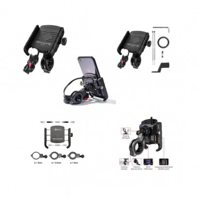 Suport telefon BIKETEC cu incarcator USB 3.0 R9-METAL USB QC