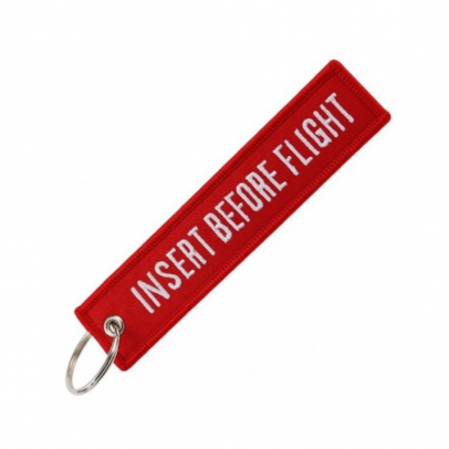 Breloc moto textil "Insert before flight", Rosu