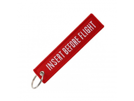 Breloc moto textil "Insert before flight", Rosu