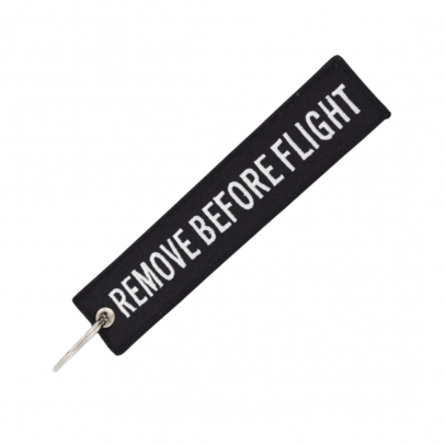 Breloc moto textil "Remove before flight", Negru