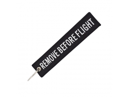 Breloc moto textil "Remove before flight", Negru