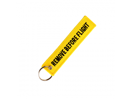 Breloc moto textil "Remove Before Flight" Galben