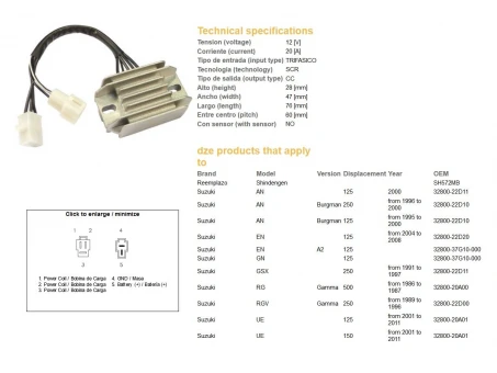 DZE REGULATOR NAPIĘCIA SUZUKI AN 125/250 BURGMAN 95-00, GN 125 (32800-22D11, 32800-22D10, 32800-37G10-000) 12V/20A | 2408-01