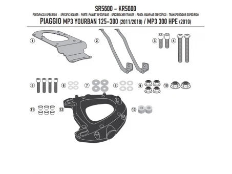 Suport pentru topcase KAPPA - PIAGGIO MP3 YOURBAN 125/300, HPE 300 11-21 (cu placa MONOKEY) | KR5600