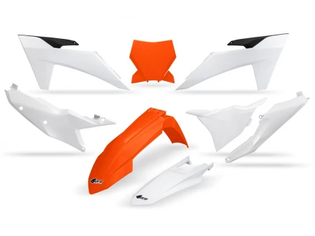 Kit complet plastice UFO KTM SX 125 / 250 / 300 TBI 23-24, SX-F 250 / 350 / 450 23-24 culoare OEM (Portocaliu/Alb) | KTKIT529999