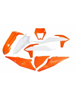 Kit complet plastice UFO KTM EXC 125 '20-'21, EXC 250 / 300 TPI '20-'23, EXC-F 250 / 350 / 450 / 500 '20-'23 Z culoare OEM '23 (Alb/Portocaliu)