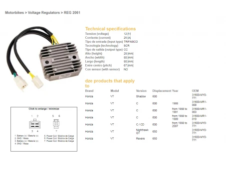 DZE REGULATOR NAPIĘCIA HONDA VT600C SHADOW 88-07, NTV 650 (OEM-31600-MY0-771) (ESR250, RGU-115) | 2061-01