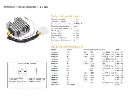 DZE REGULATOR NAPIĘCIA KAWASAKI KZ550/650/750/1000 (ESR370,SH530-12K,21066-1008,RGU-406) | 2069-01