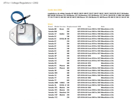 DZE REGULATOR NAPIĘCIA YAMAHA YFS 200 BLASTER 88-03, YFZ 350 BANSHEE 87-03, TT 350/600 (OEM-82F-81910-A0) MONOFAZA | 2302-01