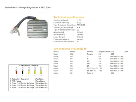 DZE REGULATOR NAPIĘCIA SUZUKI GS 450L 84-88, GSX 750/1100 ES/ EF 83-86, GR 650 TEMPTER (ESR130,RGU-301) | 2305-01
