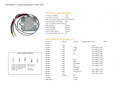 DZE REGULATOR NAPIĘCIA DUCATI 748/750/851/888/900/906/916`87-01 (JEDNOFAZOWY, 35A) (ESR510;ESR515) | 2309-01