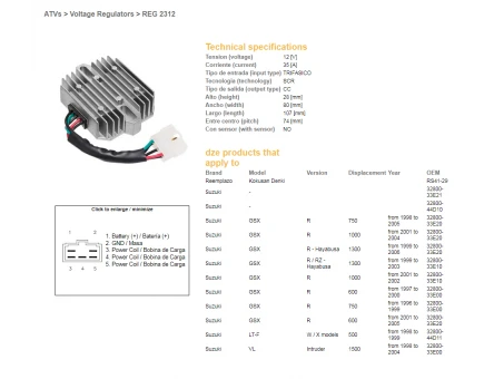 DZE REGULATOR NAPIĘCIA SUZUKI GSXR 600 97-05, GSXR 750 96-05, VL 1500 98-04, GSXR1000/1300 (ESR550) (32800-33E20) | 2312-01