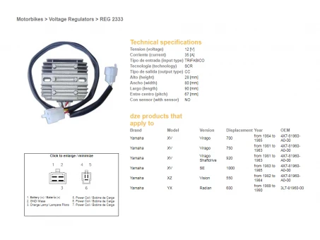 DZE REGULATOR NAPIĘCIA YAMAHA XV 750/920 81-83, XV 1000 83-85, TR1, XZ 550 (ESR390, RGU-212) | 2333-01