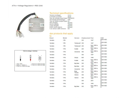 DZE REGULATOR NAPIĘCIA YAMAHA YFM 350 BIG BEAR 96-99, WARRIOR 350 96-01, WOLVERINE 350 95-01, YFM 400/600 (ESR633) | 2343-01