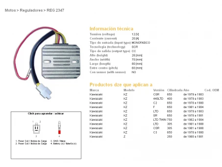 DZE REGULATOR NAPIĘCIA KAWASAKI KZ440 LTD 79-83, KZ650 CSR/C/SR/LTD 78-84 (JEDNOFAZOWY) | 2347-01