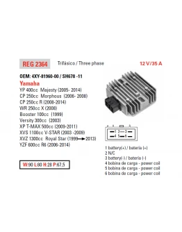 Regulator tensiune DZE YAMAHA XVS 1100 '03-'08, R6 '06-'10, XVZ1300 '99-'08 (OEM-4XY-81960-00) (ESR135)