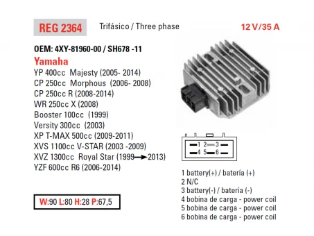 DZE REGULATOR NAPIĘCIA YAMAHA XVS 1100 03-08, R6 06-10, XVZ1300 99-08 (OEM-4XY-81960-00) (ESR135) | 2364-01