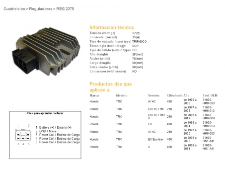 DZE REGULATOR NAPIĘCIA HONDA TRX400 EX SPORTRAX 99-09, TRX250 RECON 97-11, SPORTRAX 01-08 (ESR585) | 2375-01