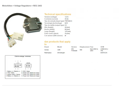 DZE REGULATOR NAPIĘCIA HONDA CBR900RR 02-03 (CBR954), VTX1800 02-08 (ESR690) (31600-MCJ-750) (SH678DA) (35A) | 2402-01
