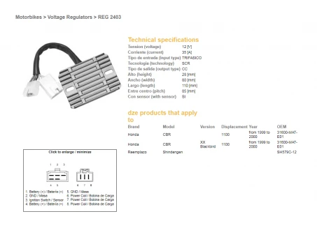 DZE REGULATOR NAPIĘCIA HONDA CBR1100XX 99-00 (31600-MAT-E01) (SH579C-12) (ESR684) | 2403-01