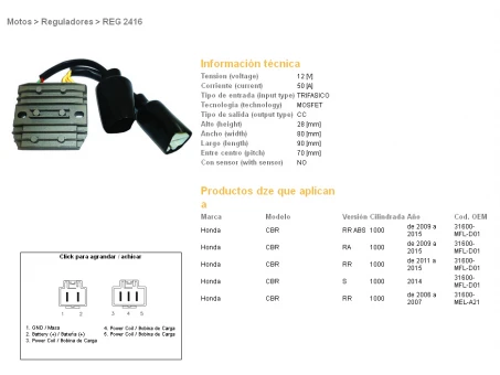 DZE REGULATOR NAPIĘCIA HONDA CBR1000 RR 06-15 MOSFET (50A) (31600-MFL-D01, 31600-MEL-A21) (ESR680;ESR439) | 2416-01