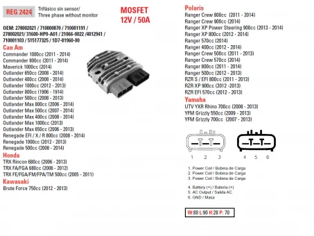 DZE REGULATOR NAPIĘCIA CAN-AM 400/500/650/800/1000, HONDA TRX500/650/680, KAWASAKI KVF750 12-13, POLARIS 400/500/550/570/800/900, MOSFET (50A) (ESR592) | 2424-01