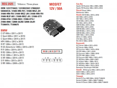 DZE REGULATOR NAPIĘCIA BMW S1000RR 08-12, R1200 GS 13-15, DUCATI 1200, TRIUMPH, KAWASAKI, YAMAHA, HONDA, MOSFET (50A) | 2425-01