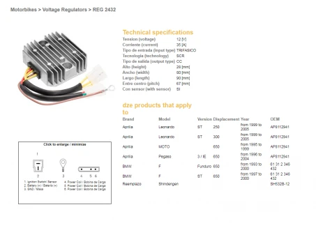 DZE REGULATOR NAPIĘCIA BMW F650 93-00, APRILIA PEGASO 650 96-04 (SH532B-12) (61312346432, AP8112941) (ESR962) | 2432-01