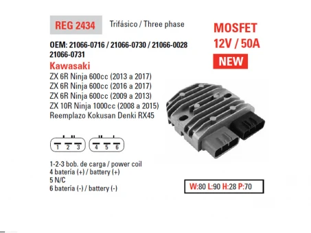DZE REGULATOR NAPIĘCIA KAWASAKI ZX6R 09-17, ZX10R 08-15 12V 50A (MOSFET) (ESR596) | 2434-01