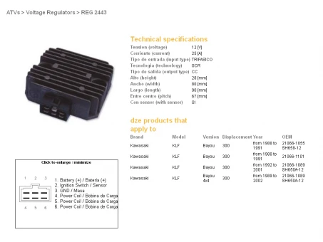 DZE REGULATOR NAPIĘCIA KAWASAKI KLF 300 BAYOU 88-02, KEF 300 LAKOTA 95-03 (SH650A-12) (21066-1089) | 2443-01