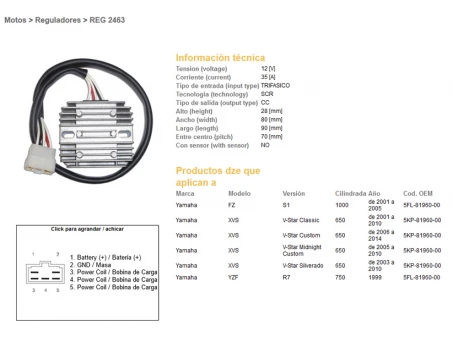 DZE REGULATOR NAPIĘCIA YAMAHA FZS1000 01-05, XVS650 01-16 (5KP-81960-00) (35A) (ESR266) (5FL-81960-00) | 2463-01