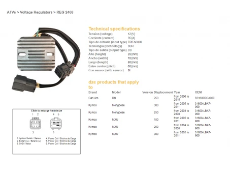 DZE REGULATOR NAPIĘCIA KYMCO MXU 150/250/300 04-11, CAN AM DS 250 06-15 12V 35A (31600-LBA7-900) (ESR344) | 2468-01