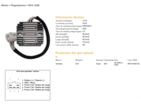 DZE REGULATOR NAPIĘCIA YAMAHA FZS600 FAZER 02-03 (5RT-81960-00) 35A | 2486-01