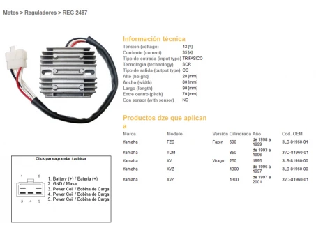 DZE REGULATOR NAPIĘCIA YAMAHA FZS600 FAZER 98-99, TDM850 93-96, XVZ1300 95-01 (35A) (ESR360) | 2487-01